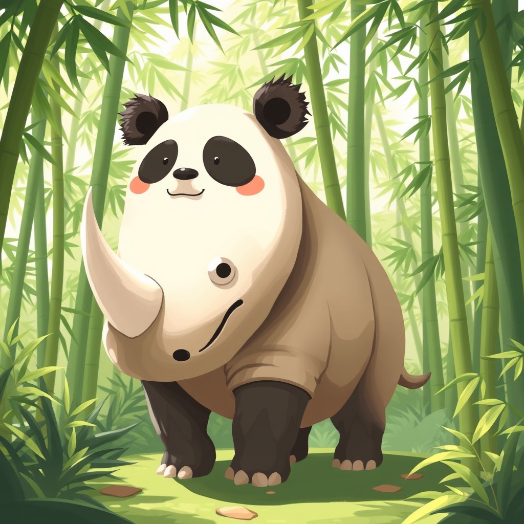 A whimsical and surreal illustration of a creature that combines the features of a panda and a rhinoceros