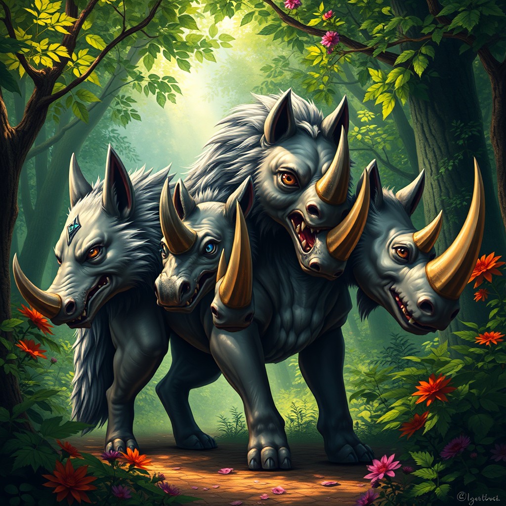 A fantastical creature with features of both a wolf and a rhinoceros, sporting four heads, each uniquely expressive