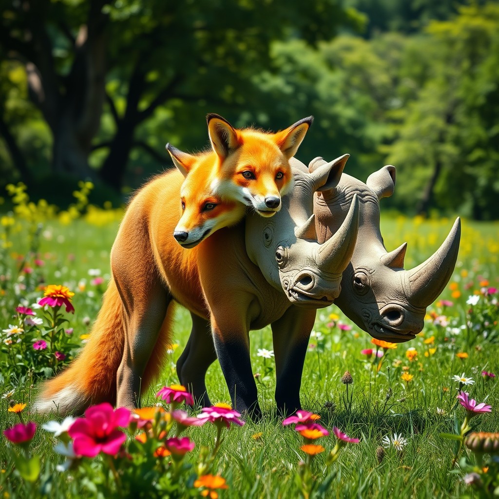 A fantastical creature that is a combination of a fox and a rhino, featuring four heads: one resembling a sly fox with bright orange fur and sharp, curious eyes, and the remaining three heads resembling a rhino, showcasing their thick skin, horned features, and formidable expressions