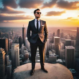 A successful man dressed in an expensive tailored suit, standing on top of a skyscraper with the cityscape below him under a vibrant sunset sky.