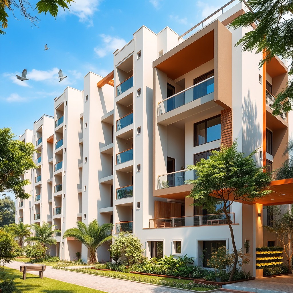 A modern apartment building named 'Tirupati Abhinav Homes' depicted in a warm, inviting atmosphere with lush greenery surrounding it