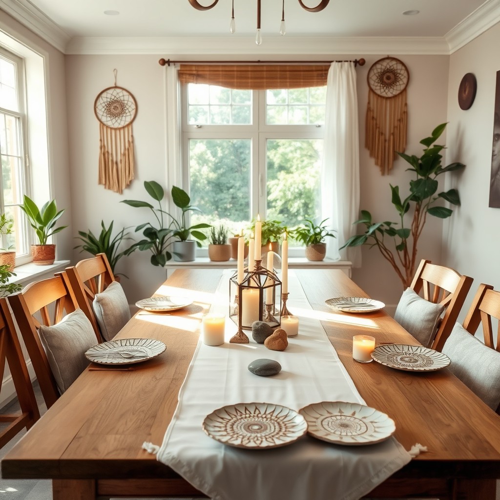 A serene dining room infused with elements of spirituality, featuring a beautifully set wooden table adorned with a white tablecloth and soft, glowing candles casting gentle light
