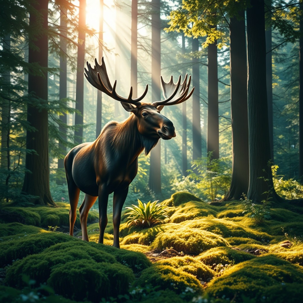 A serene and enchanting forest scene featuring a majestic moose standing gracefully among lush greenery