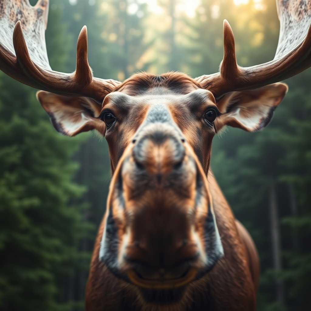 A striking close-up of a moose's face viewed from the front, showcasing its large, expressive eyes, prominent muzzle, and impressive antlers