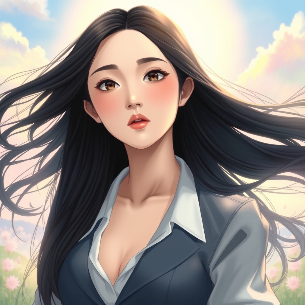 A portrait of Isshiki Momo, a beautiful young woman with long flowing dark hair, wearing a stylish outfit that reflects her confident demeanor