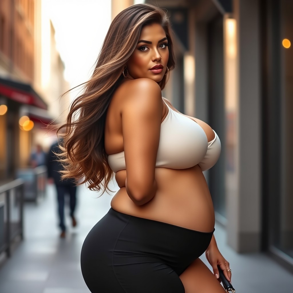 A voluptuous woman with a curvy figure, showcasing an exaggerated bust and full hips