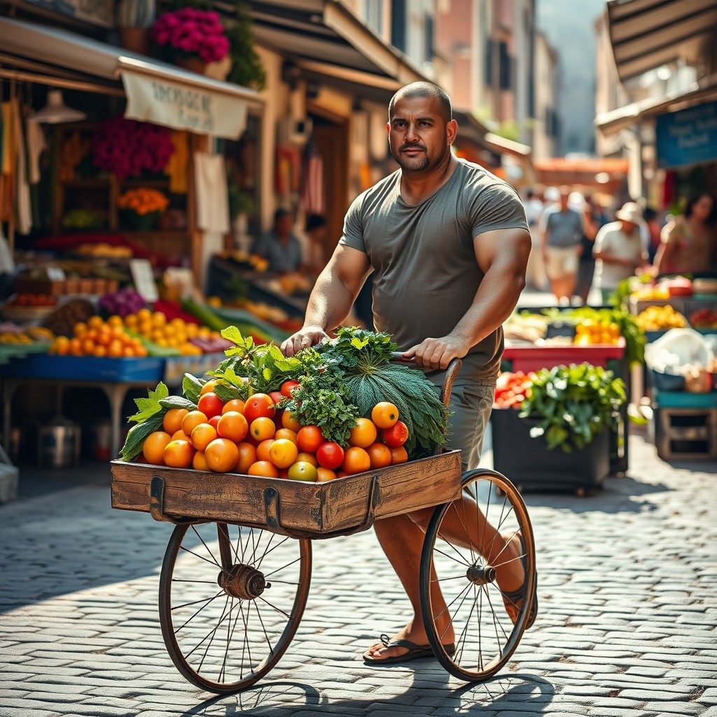 A strong man with a determined expression pulling a hand cart filled with colorful fruits and vegetables down a vibrant street market