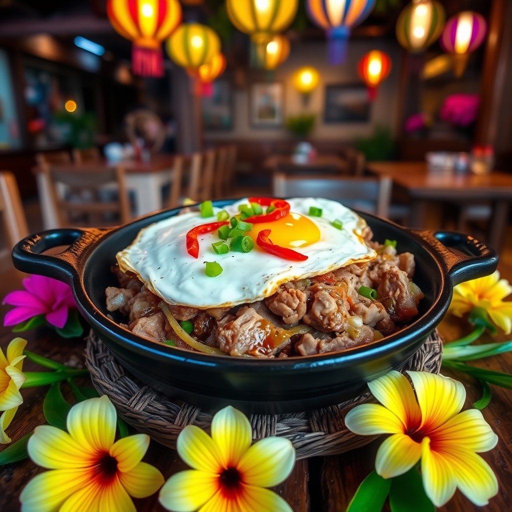 A beautifully plated dish of Sisig, a traditional Filipino meal made from sizzling chopped pork, marinated in vinegar, lime, onions, and chili peppers