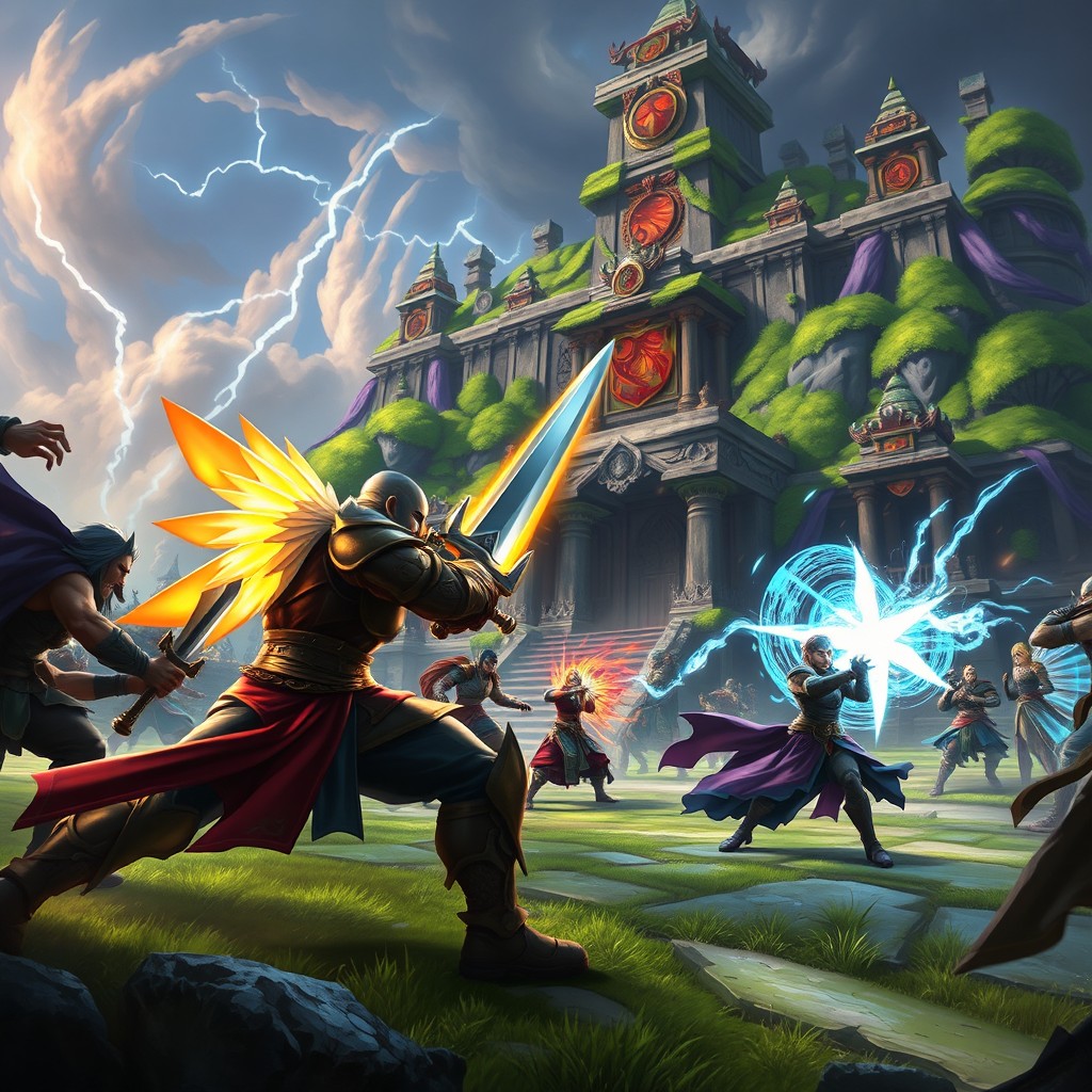 A highly detailed scene from a Dota 2 match, showcasing two teams of heroes engaging in an epic battle on a vibrant, enchanted battlefield