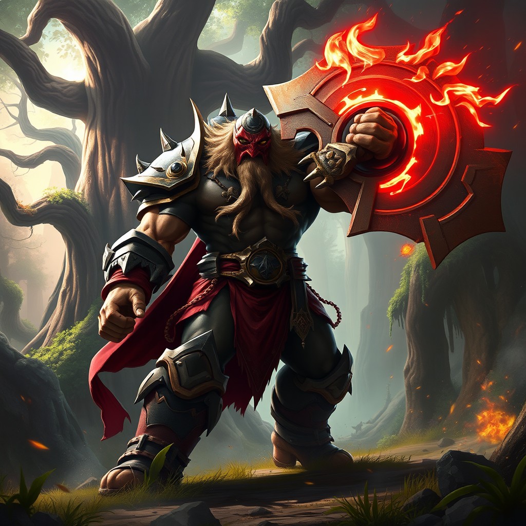 A dramatic portrayal of Juggernaut from Dota 2, depicted in an epic battle scene