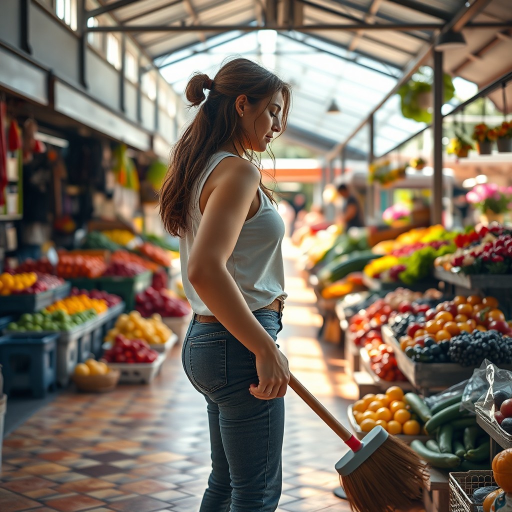 A beautiful lady seen in side view, diligently cleaning a vibrant market