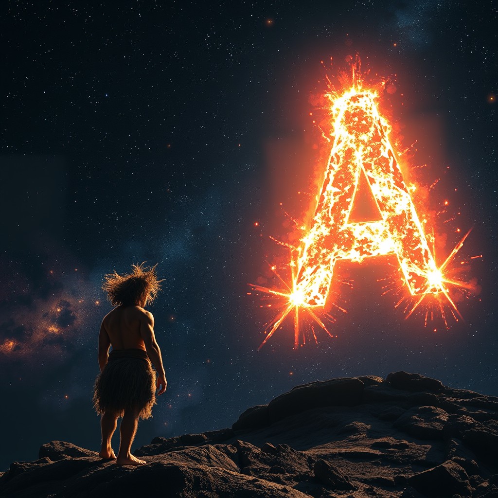 A cosmic Big Bang explosion in deep space, forming a giant glowing letter 'A' made of light and cosmic energy instead of stars