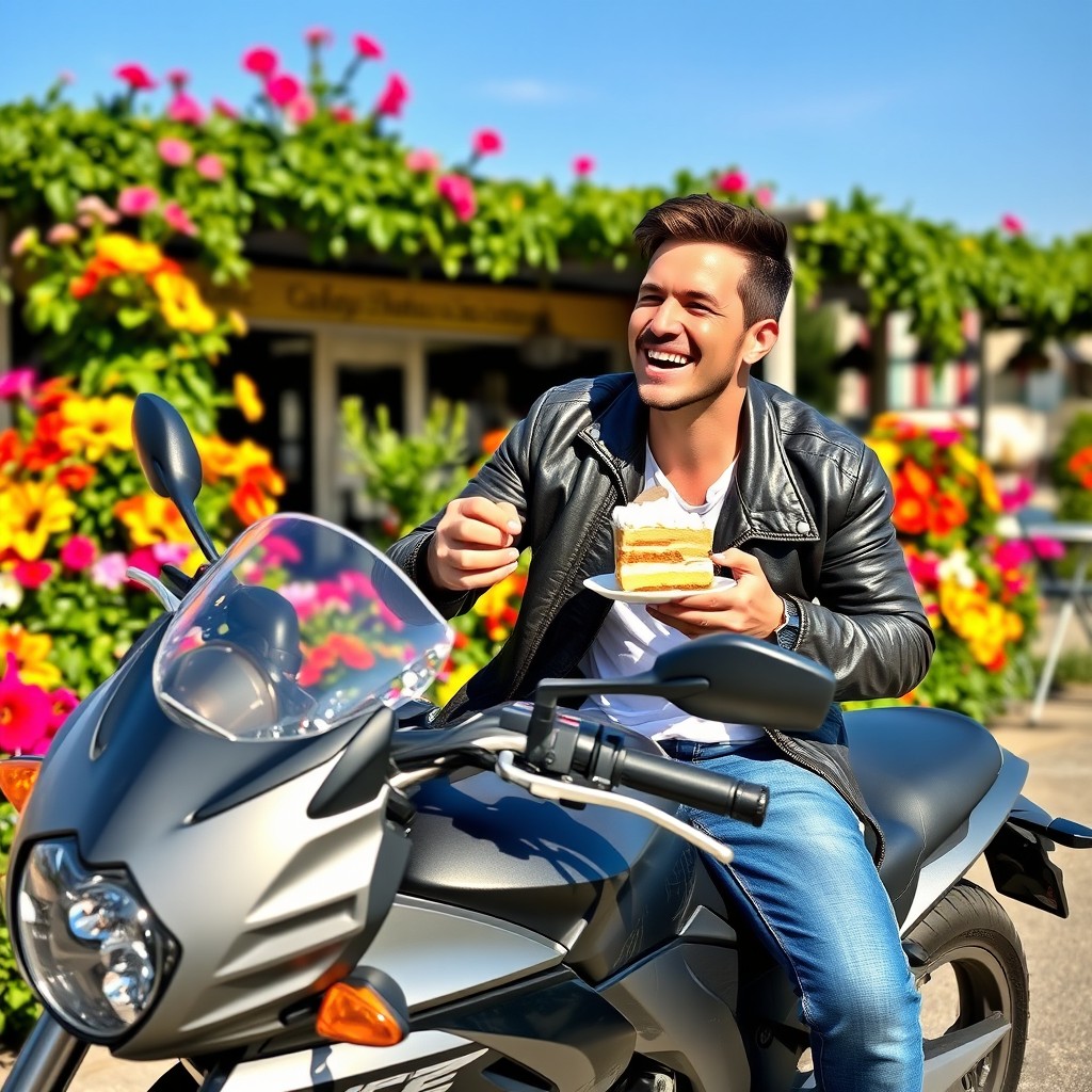 A man sitting on a sleek motorcycle, joyfully enjoying a slice of cake