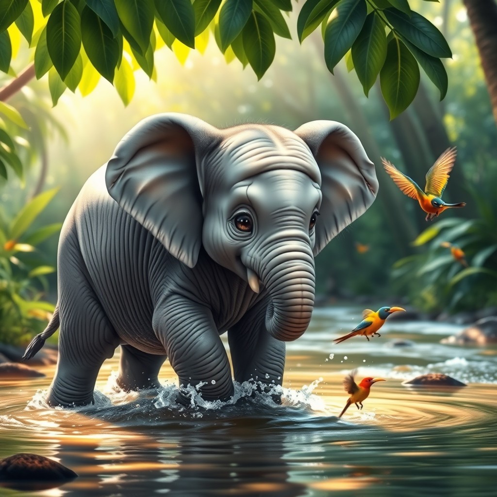 A cute baby elephant playfully splashing water in a serene jungle setting