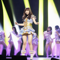 Freya, a member of JKT48, performing on stage. Include details such as her personalized costume, dynamic singing pose, and sparkling stage lights illuminating her face.