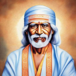 A serene and detailed portrait of Sai Baba, wearing traditional Indian attire, his face glowing with kindness and wisdom