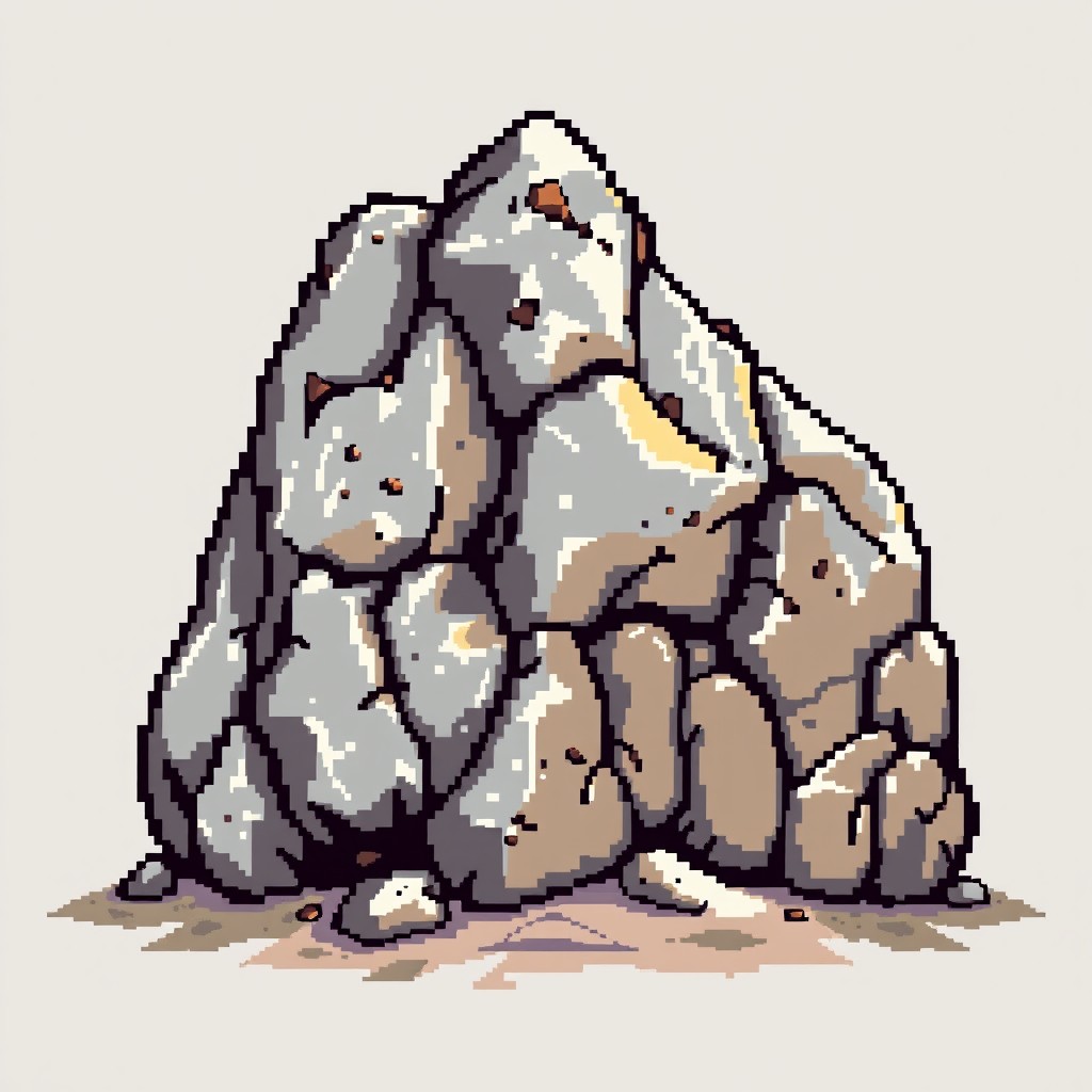 A vibrant pixel art representation of a rocky element, showcasing various shades of grays and browns to depict texture and depth