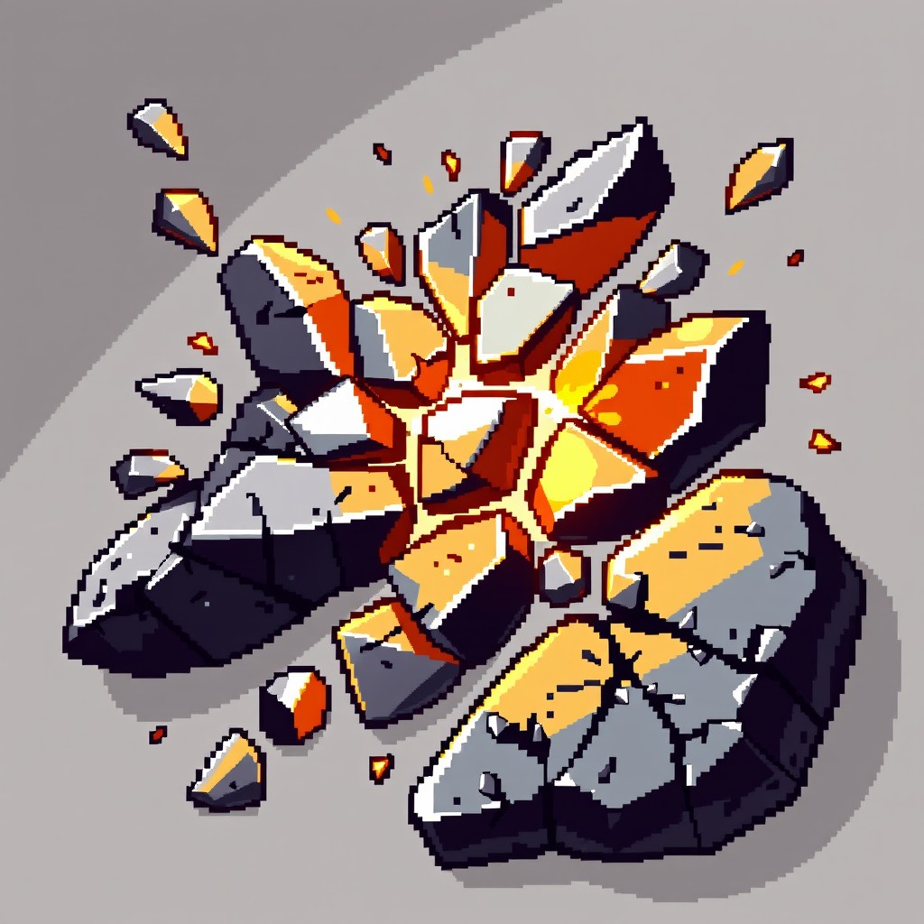 A detailed pixel art design of a shattered rock element, showcasing various shards in close proximity, creating an exciting and dynamic composition suitable for a card back