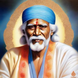 A serene and detailed portrait of Sai Baba, wearing traditional Indian attire, his face glowing with kindness and wisdom