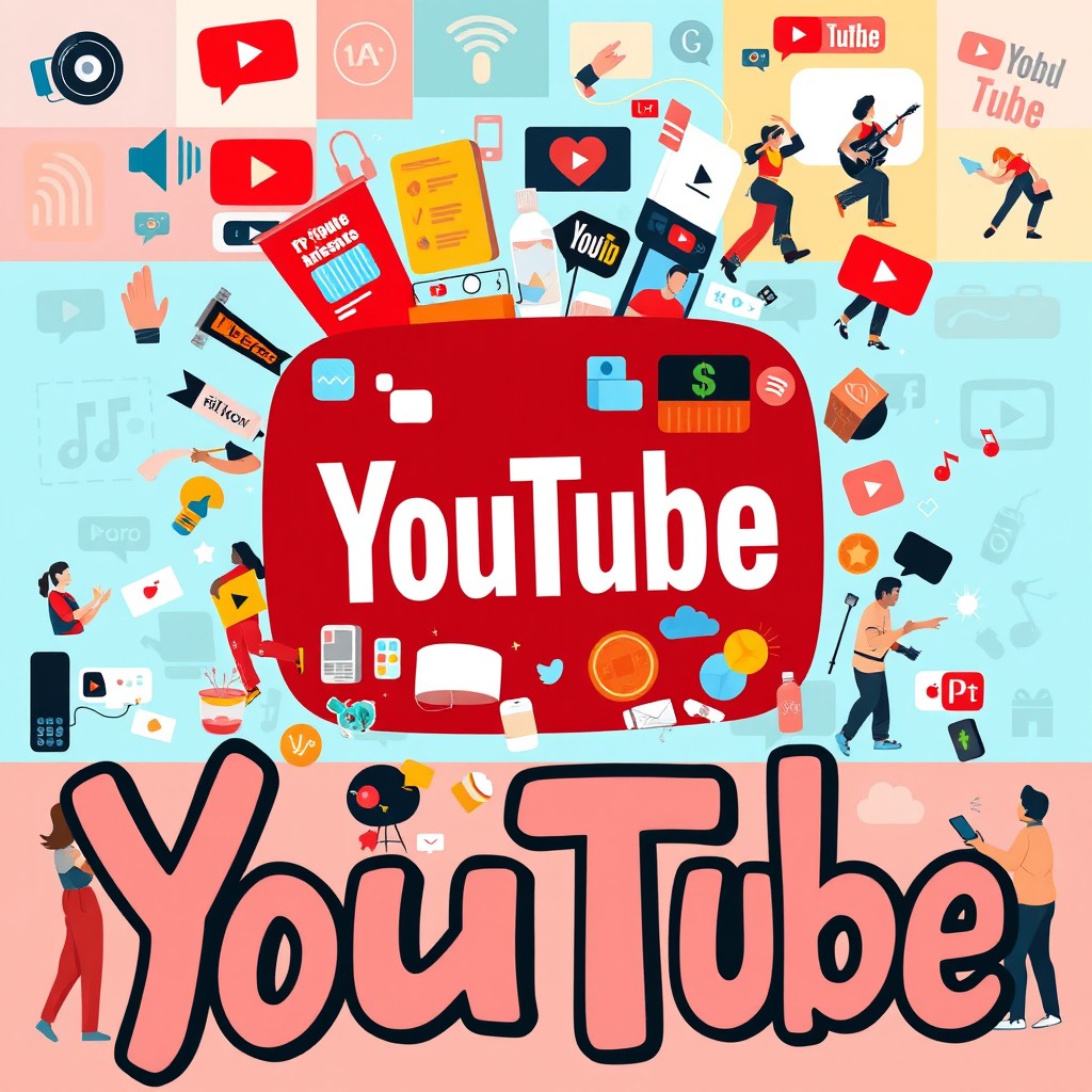 A vibrant and colorful illustration of a large YouTube logo made of various multimedia elements such as audio, video, and music notes