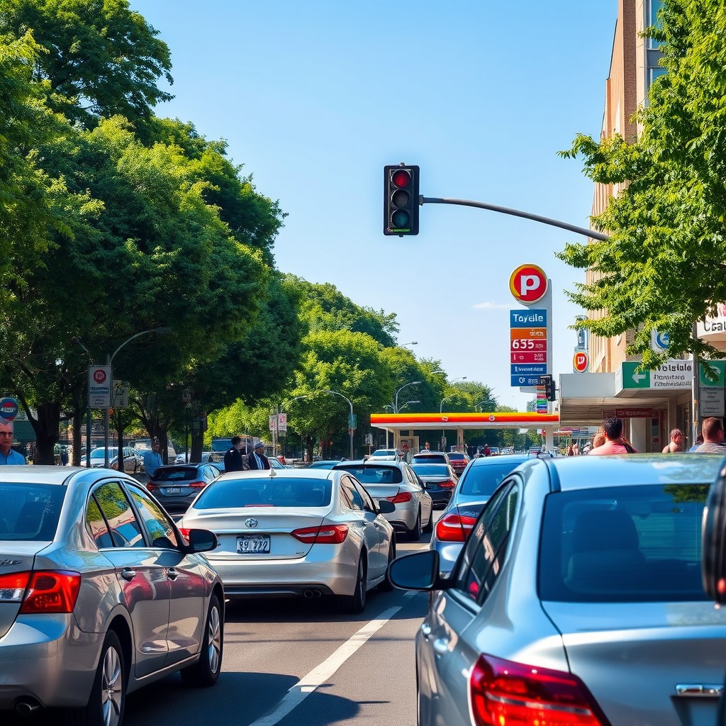 A vibrant street scene featuring a busy avenue lined with cars stopped at a traffic light