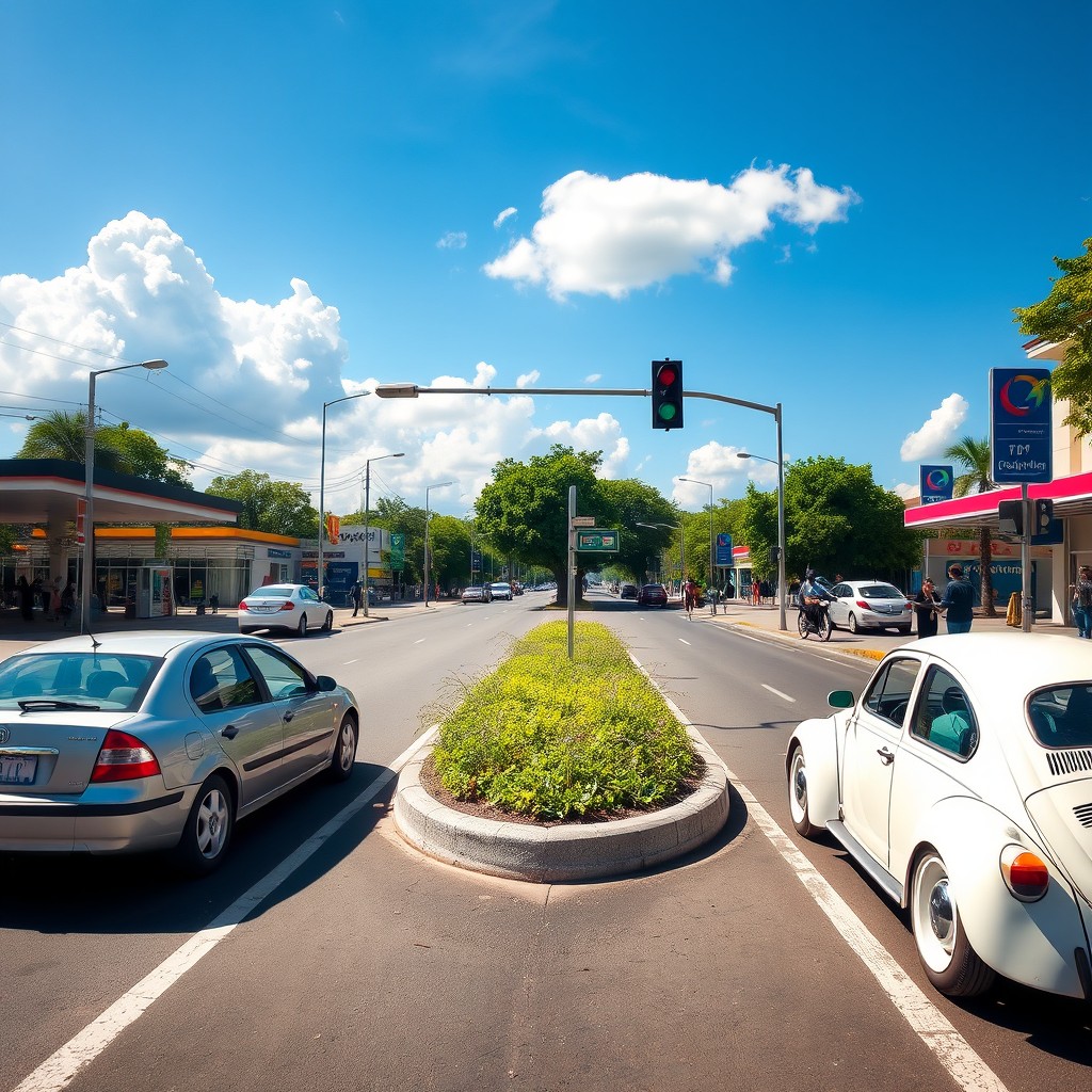 A lively avenue featuring a central median filled with greenery, creating a beautiful division in the road