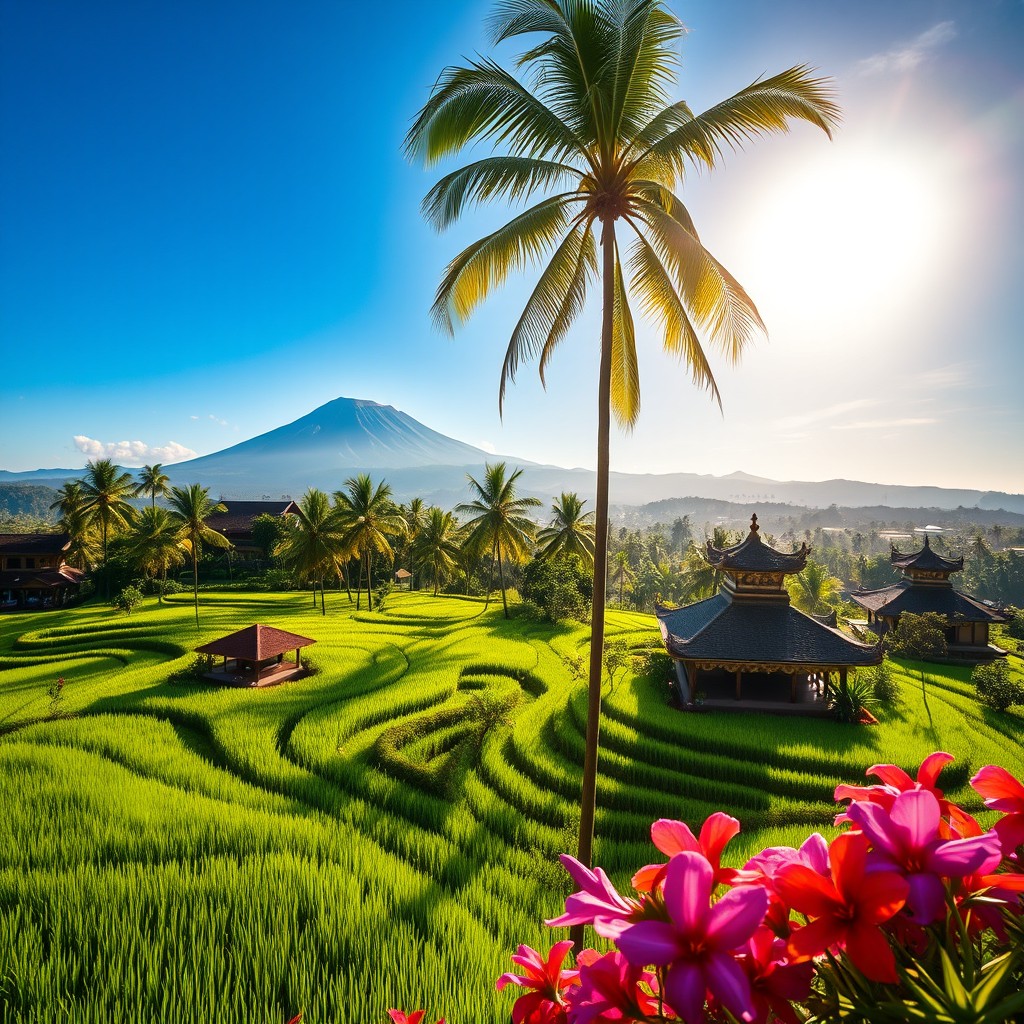 A breathtaking view of Indonesia's lush landscapes, featuring a vibrant green rice terrace with palm trees swaying gently in the breeze
