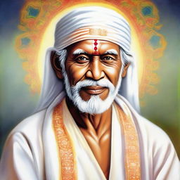 A serene and detailed portrait of Sai Baba, wearing traditional Indian attire, his face glowing with kindness and wisdom