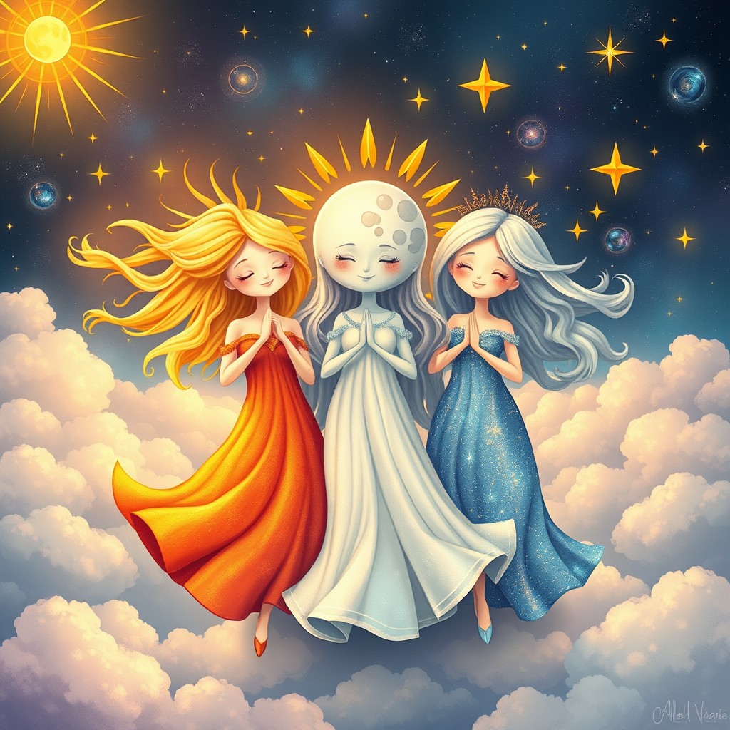 A whimsical and enchanting depiction of three celestial sisters representing the Sun, Moon, and Stars, each embodying their unique characteristics