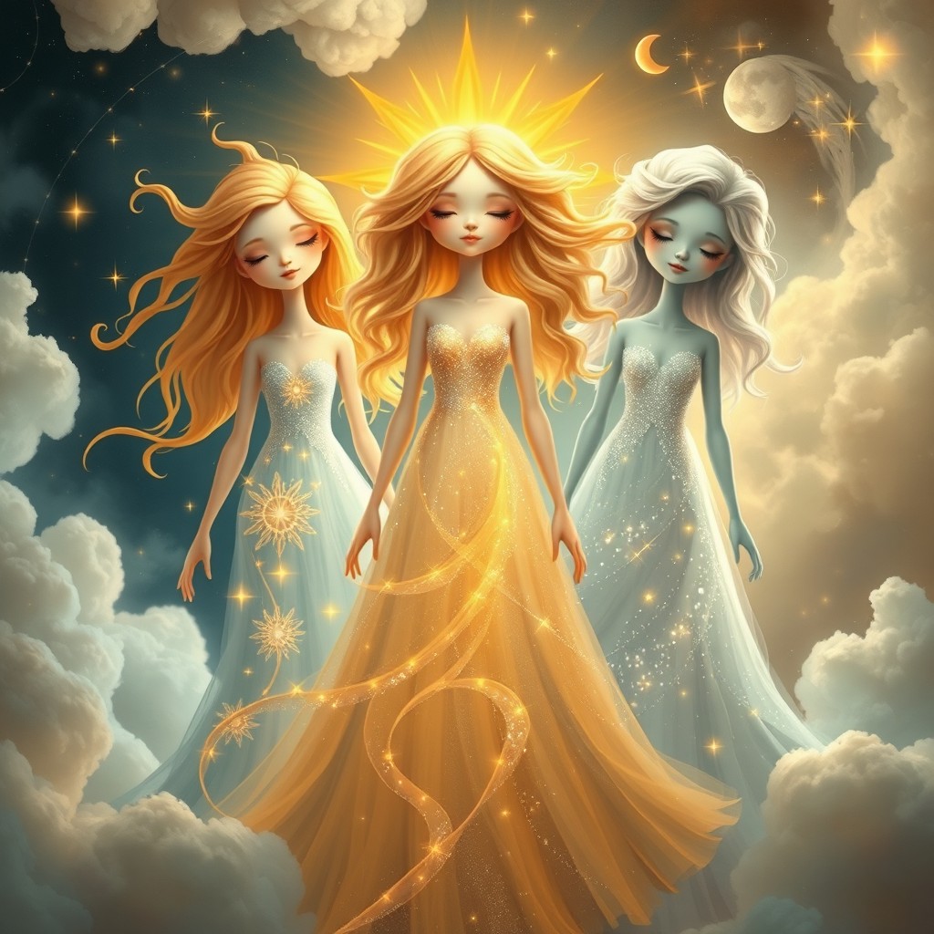 A whimsical and artistic portrayal of three human-like sisters embodying the celestial themes of the Sun, Moon, and Stars