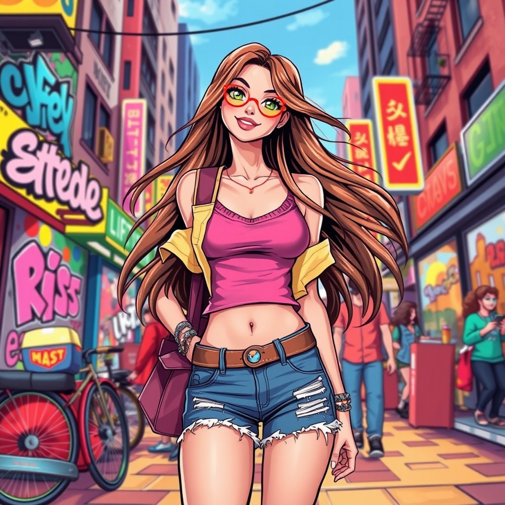 A vibrant and colorful illustration featuring a trendy young adult woman exhibiting confidence and style in a lively urban setting