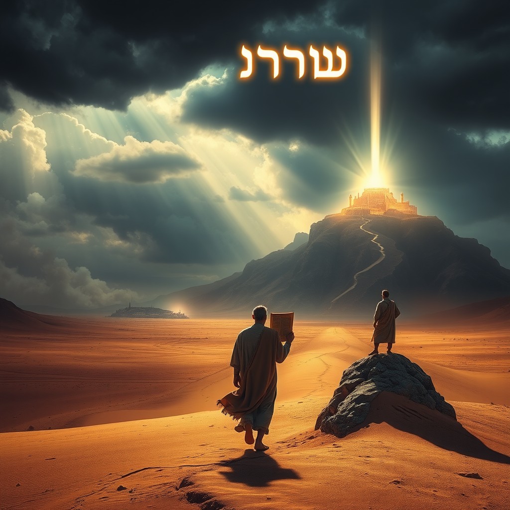 A lone figure wearing ancient Hebrew garments walks through a vast desert where the landscape is split into two distinct paths