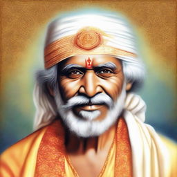 A serene and detailed portrait of Sai Baba, wearing traditional Indian attire, his face glowing with kindness and wisdom