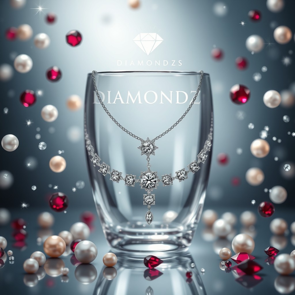 A high-end, visually captivating advertisement for the luxury jewelry brand DiamondZS, featuring an elegant and fragile glass-inspired design infused with timeless beauty