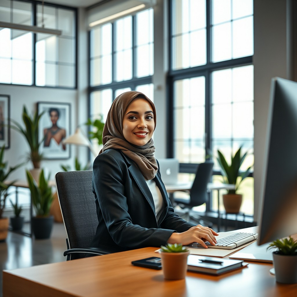 A stylish office scene featuring a confident woman wearing a hijab, sitting at her desk in a modern, well-lit office environment