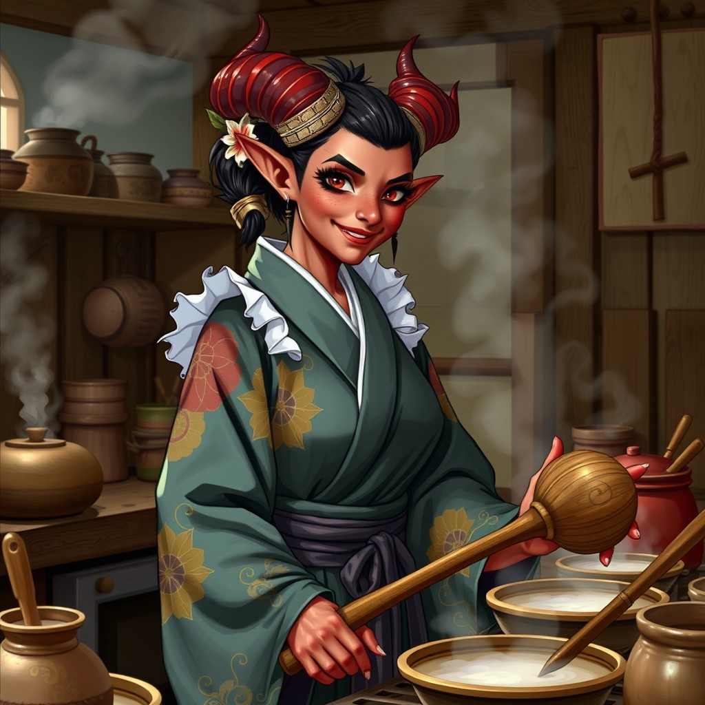 A female tiefling scullery maid dressed in traditional Japanese attire, featuring a vibrant kimono with intricate patterns