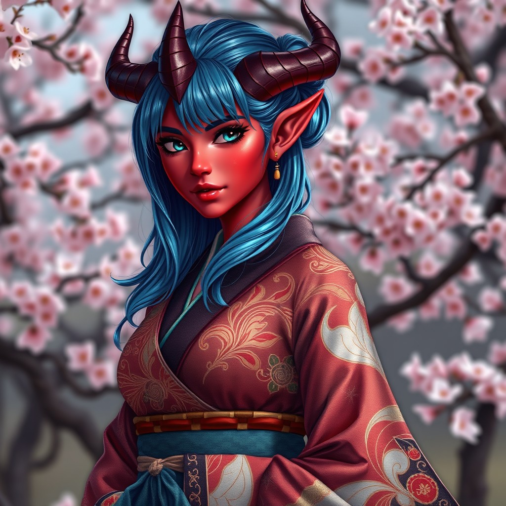 A female tiefling dressed in traditional Japanese attire, featuring stunning red skin and metallic blue hair