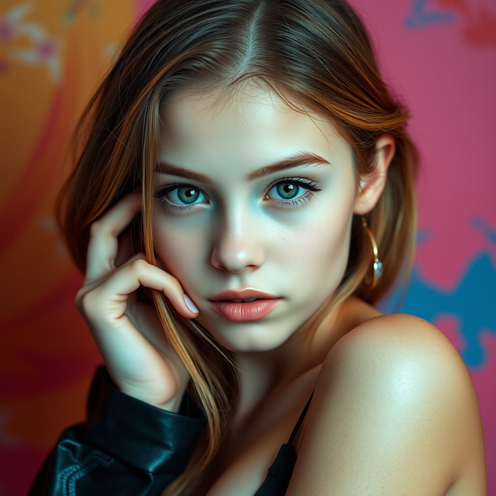 A beautiful teenage girl with stunning facial features, bright and clear white skin, and a soft, smooth appearance
