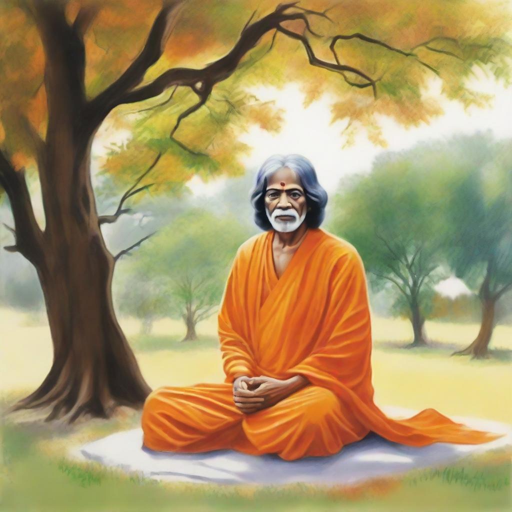 Generate a respectful depiction of Sai Baba in a peaceful meditation, with his distinctive orange robe, resting beneath the shade of a tree.