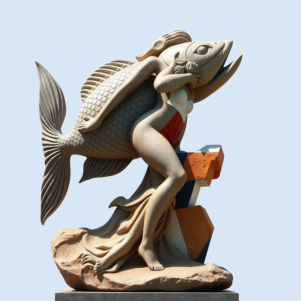 A stunning sculpture made of stone depicting a woman whose body is half fish and half human