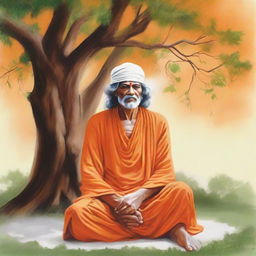 Generate a respectful depiction of Sai Baba in a peaceful meditation, with his distinctive orange robe, resting beneath the shade of a tree.