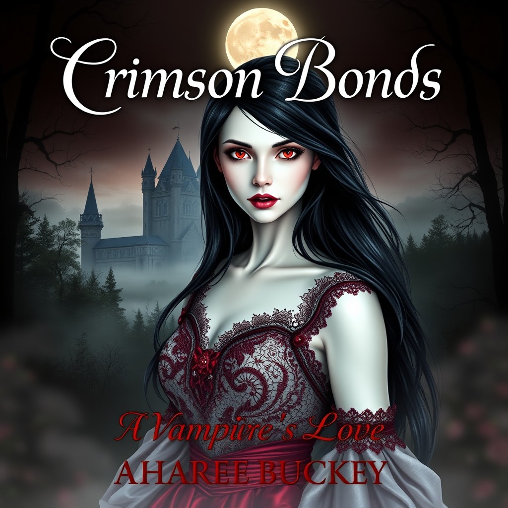 An enchanting book cover for 'Crimson Bonds: A Vampire's Love', written by Sharee Buckley