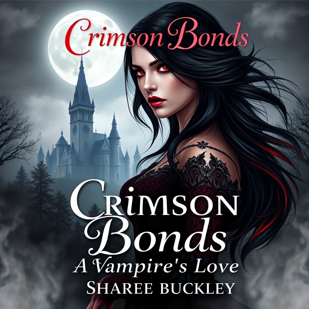 An enchanting book cover for 'Crimson Bonds: A Vampire's Love', written by Sharee Buckley