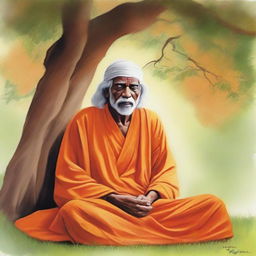 Generate a respectful depiction of Sai Baba in a peaceful meditation, with his distinctive orange robe, resting beneath the shade of a tree.