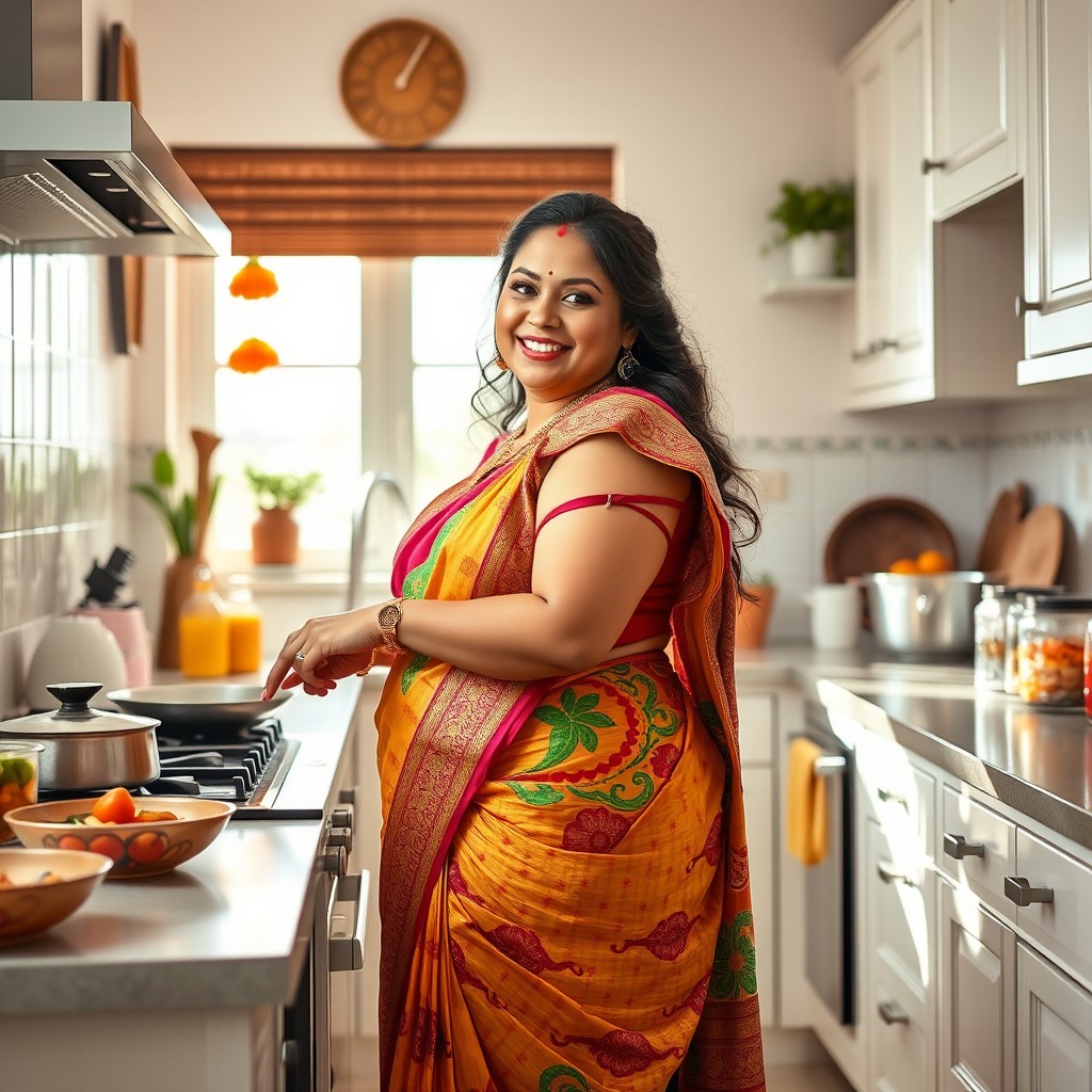 A voluptuous woman with curves, wearing traditional Indian attire, including a colorful saree adorned with intricate patterns