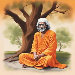 Generate a respectful depiction of Sai Baba in a peaceful meditation, with his distinctive orange robe, resting beneath the shade of a tree.