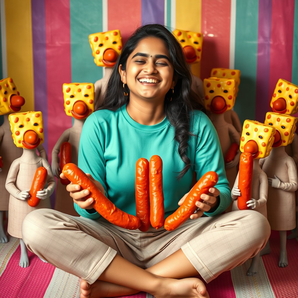 A young Pakistani woman of 18 years, sitting in a criss-cross position while smiling with her eyes closed, radiating joy