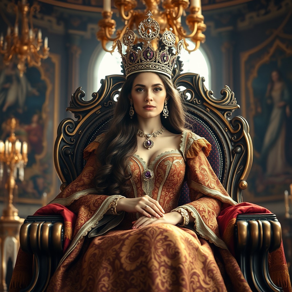 A majestic queen seated on an ornate throne, adorned in a luxurious gown with intricate patterns and rich fabrics