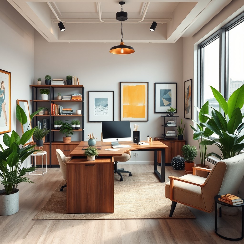 A modern and aesthetically pleasing office space designed for productivity and creativity