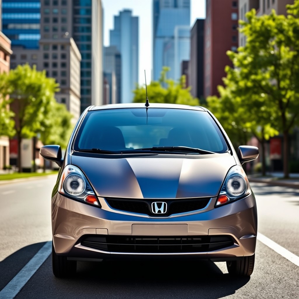 A sleek 2007 Honda Fit in a dynamic urban setting, showcasing its stylish design and compact frame
